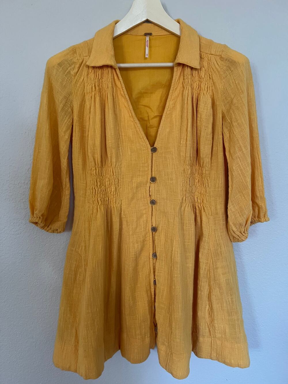 Free People Mini Dress Yellow 100% Cotton Size XS Pockets